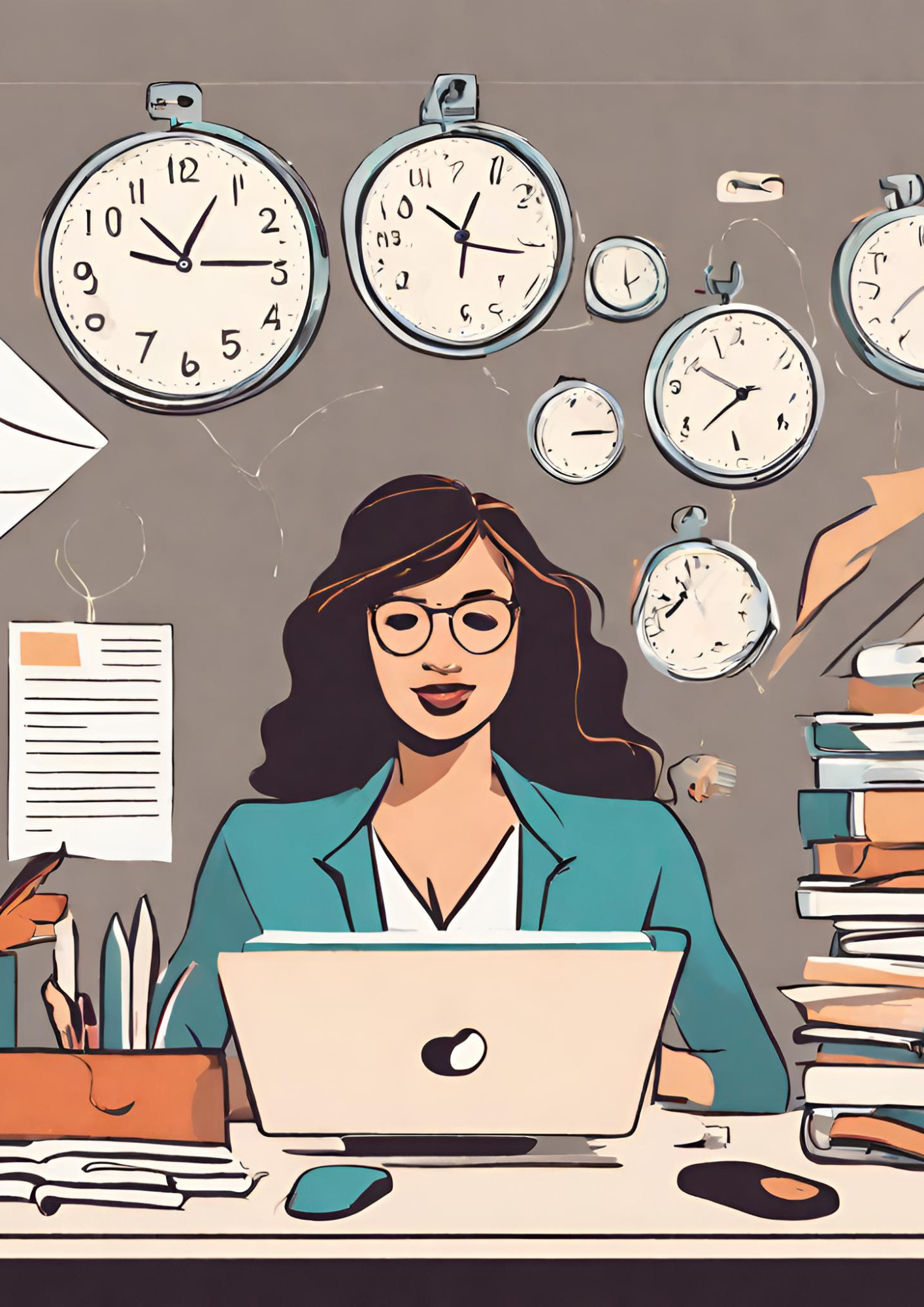 professional woman using a laptop computer, surrounded by books and clocks