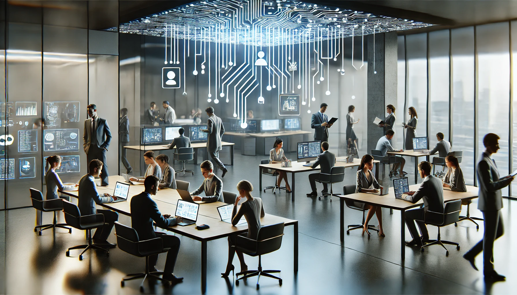 A-sleek-modern-office-scene-with-multiple-teams-working-in-visibly-different-ways.-Some-staff-are-using-high-tech-tools-like-laptops-and-tablets