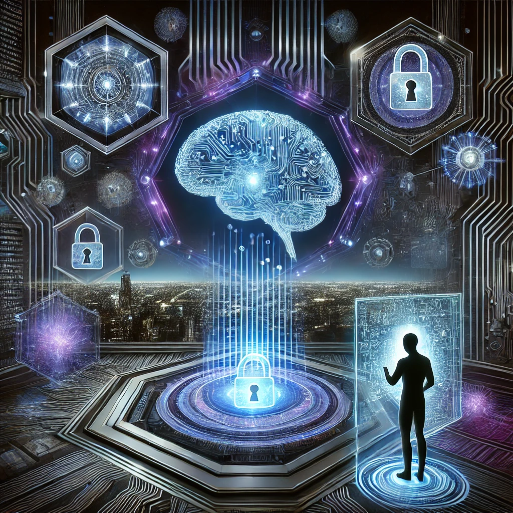 A-futuristic-high-tech-digital-landscape-featuring-a-glowing-blue-AI-brain-at-the-center-surrounded-by-an-intricate-network-of-cybersecurity-shields