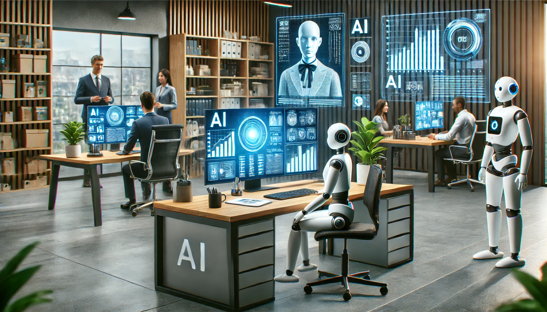 A-futuristic-small-business-office-with-AI-driven-automation.-The-scene-includes-a-sleek-desk-with-a-computer-screen-displaying-AI-analytics